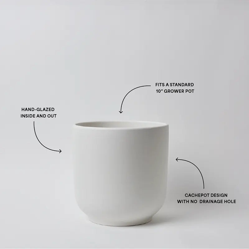 White 10 Inch ceramic pot with text describing its features on a light gray background