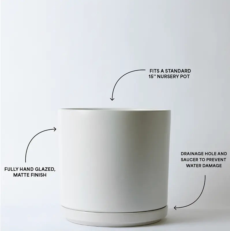 White 15 Inch pot with text describing its features on a white background