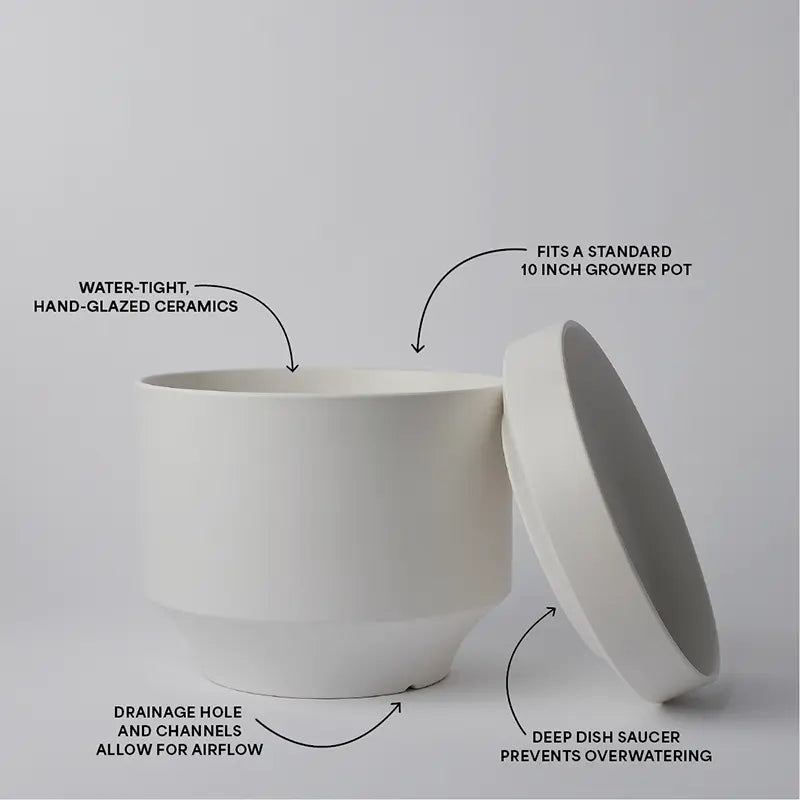 White 10 Inch ceramic pot with lid on a gray background, featuring text labels about its features.