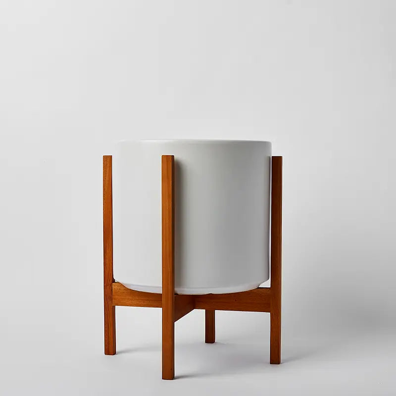 White 12 Inch planter with light square stand on a light gray background