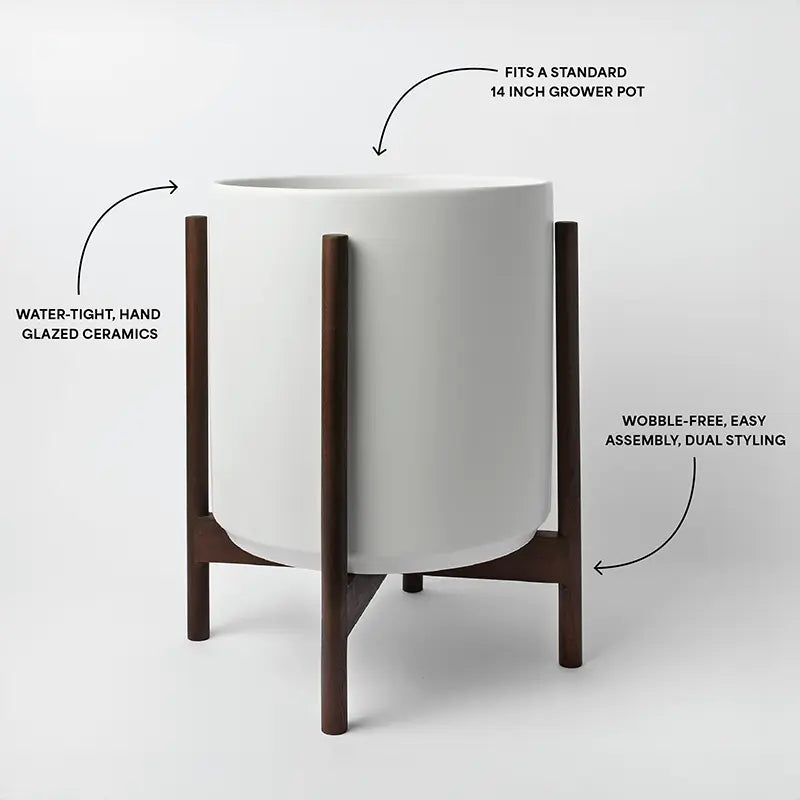 White 14 Inch planter with dark rounded stand on a white background, featuring text labels about its features.