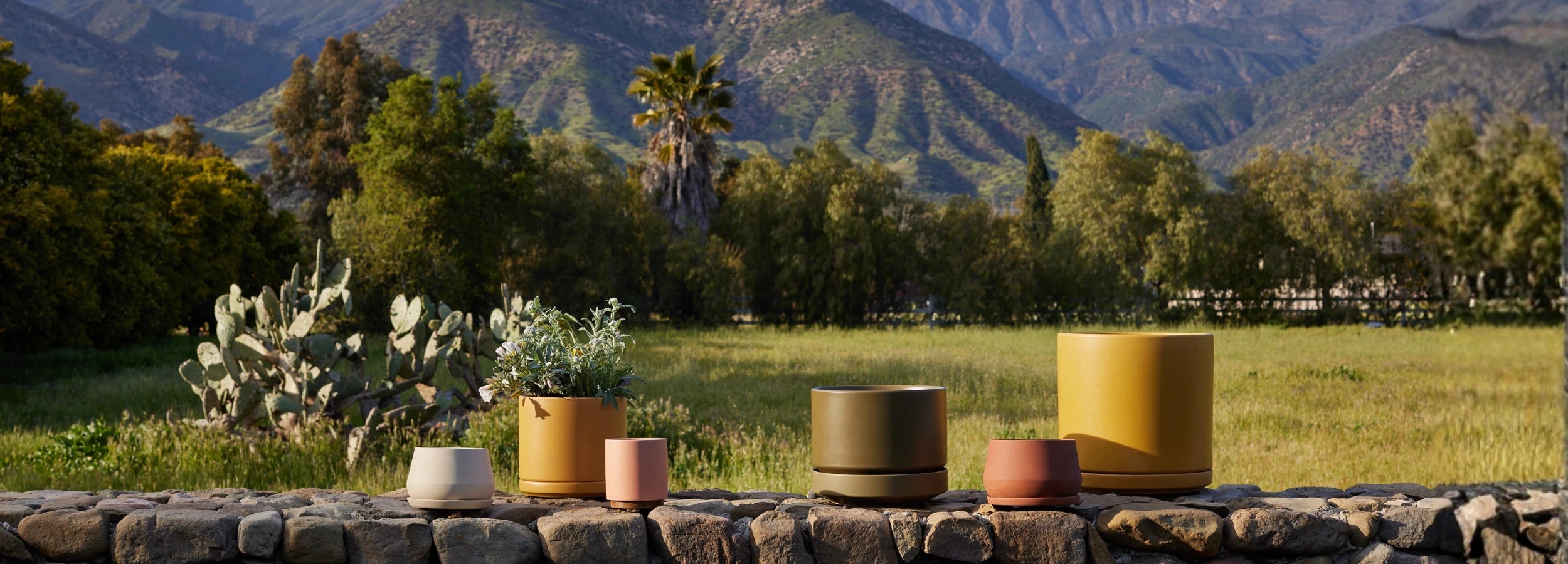 Decorative revival ceramic pots on a stone ledge with a scenic background of mountains and trees.
