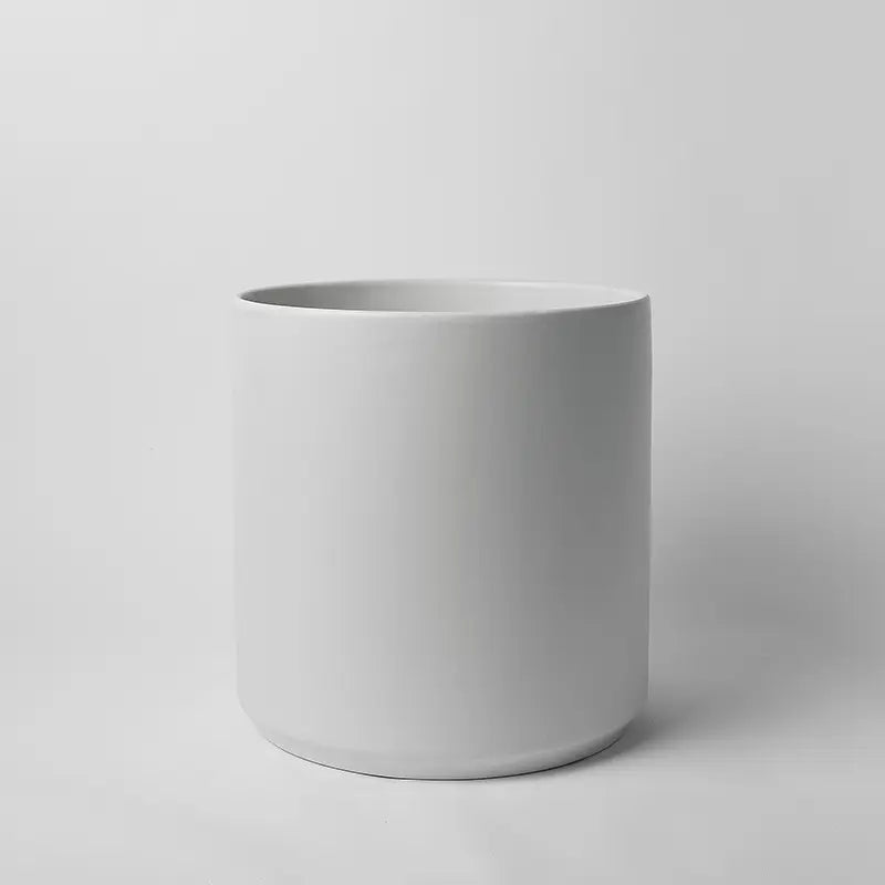 White 14 Inch cylindrical pot on a light gray background