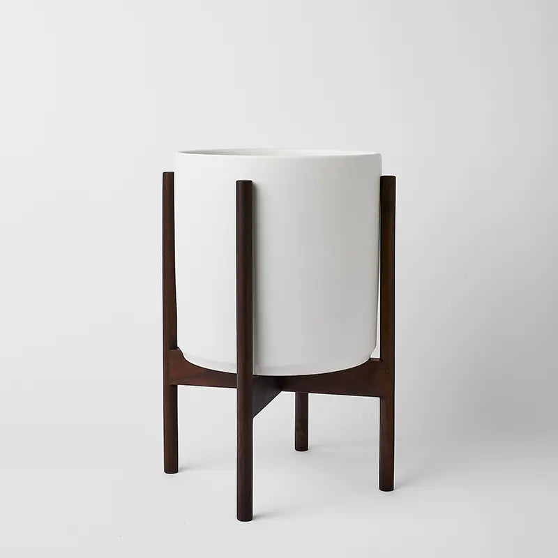 White 10 Inch planter with dark rounded stand on a white background