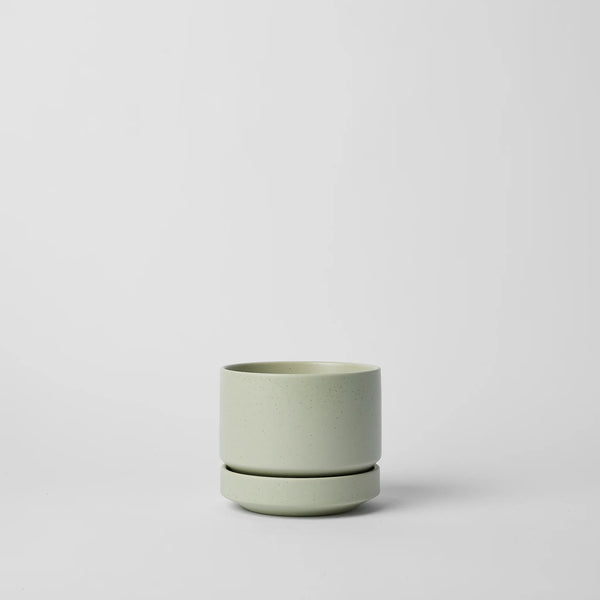 Green ceramic planter on a light gray background