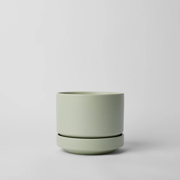 Green ceramic planter on a light gray background