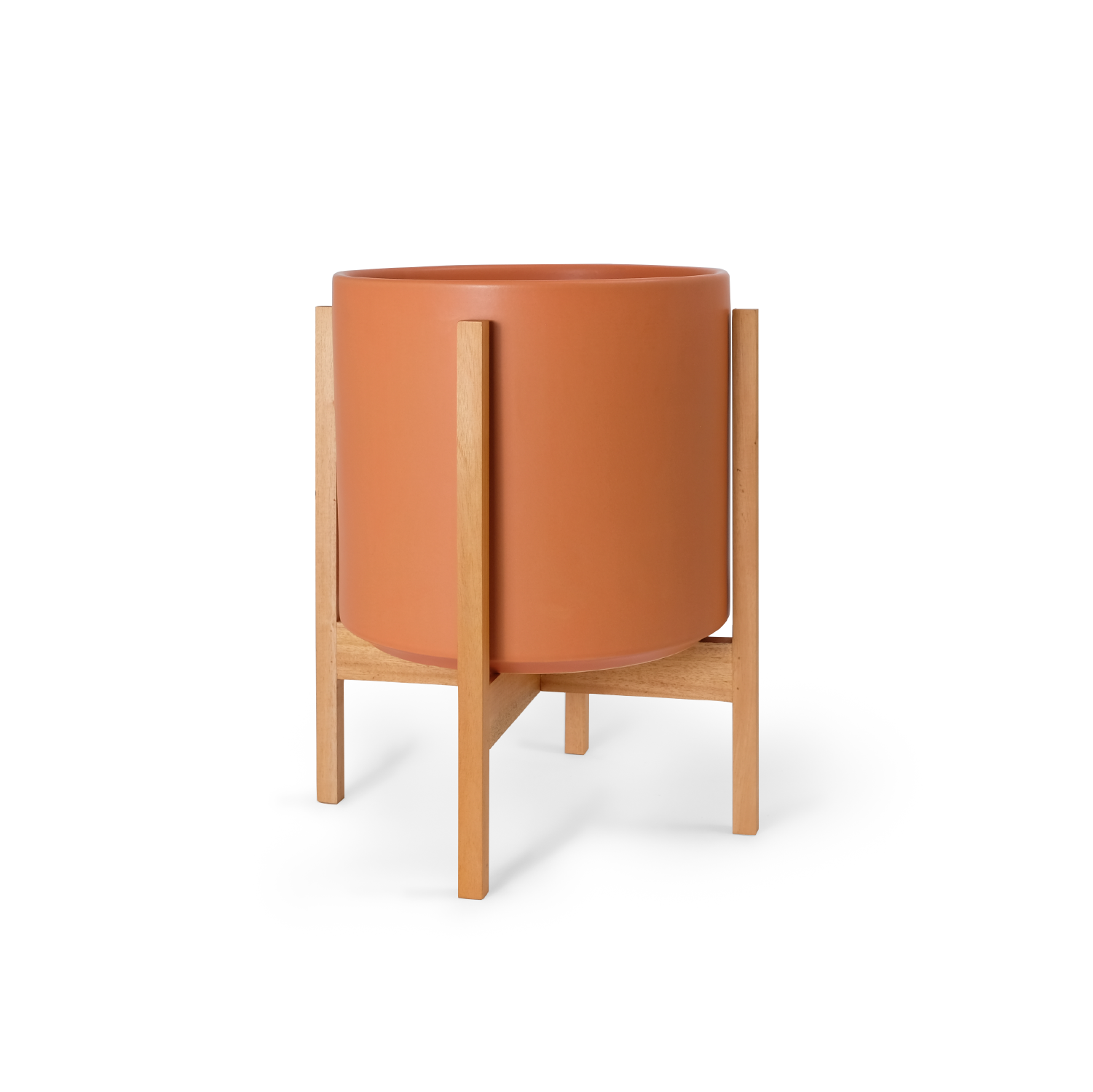 Planter with wooden stand on a white background