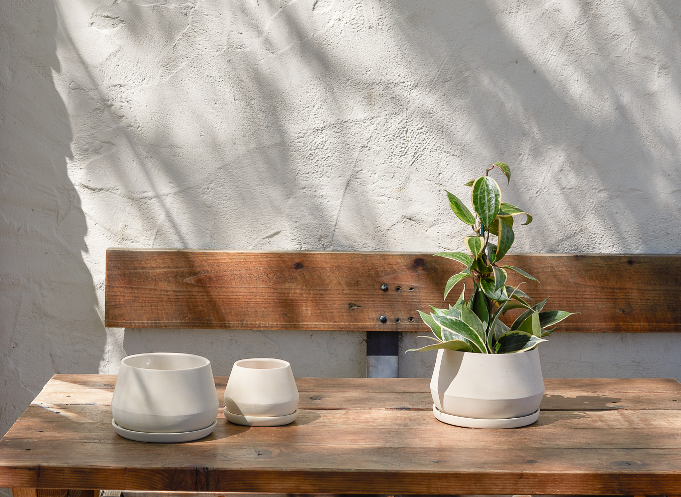 Two ceramic pots and a potted plant on a wooden table against a textured white wall.