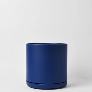Blue 15 Inch cylindrical planter on a light gray background