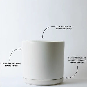 White 15 Inch pot with text describing its features on a white background