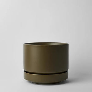 Olive 10 Inch cylindrical planter on a light gray background