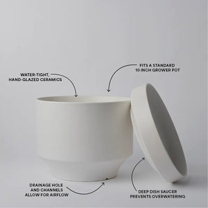 White 10 Inch ceramic pot with lid on a gray background, featuring text labels about its features.