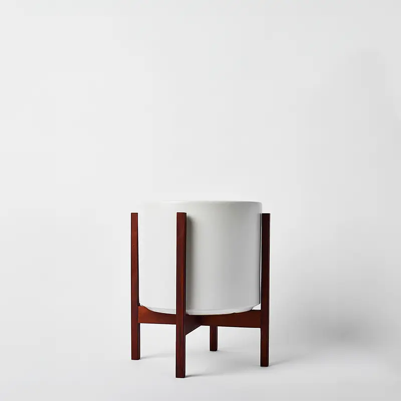 White 10 Inch planter with dark square stand on a white background