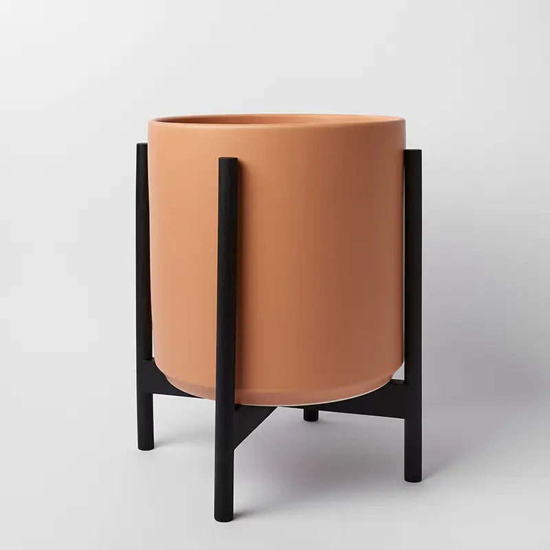 PeachyCotta 14 Inch Ceramic planter with black rounded stand on a light gray background