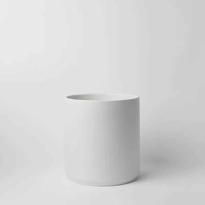 White 10 Inch cylindrical pot on a light gray background