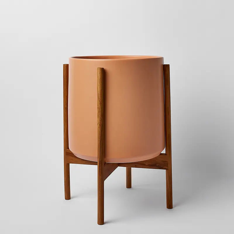 PeachyCotta 12 Inch Ceramic planter with natural rounded stand on a light gray background